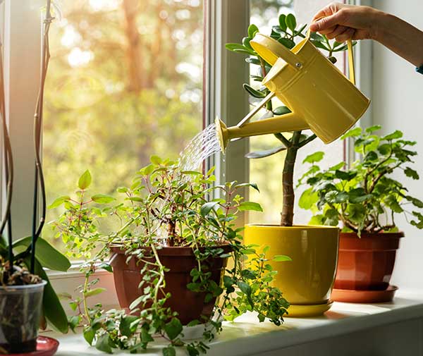 A yellow watering tin held by a dog boarding alternative pet sitter who is watering the plants